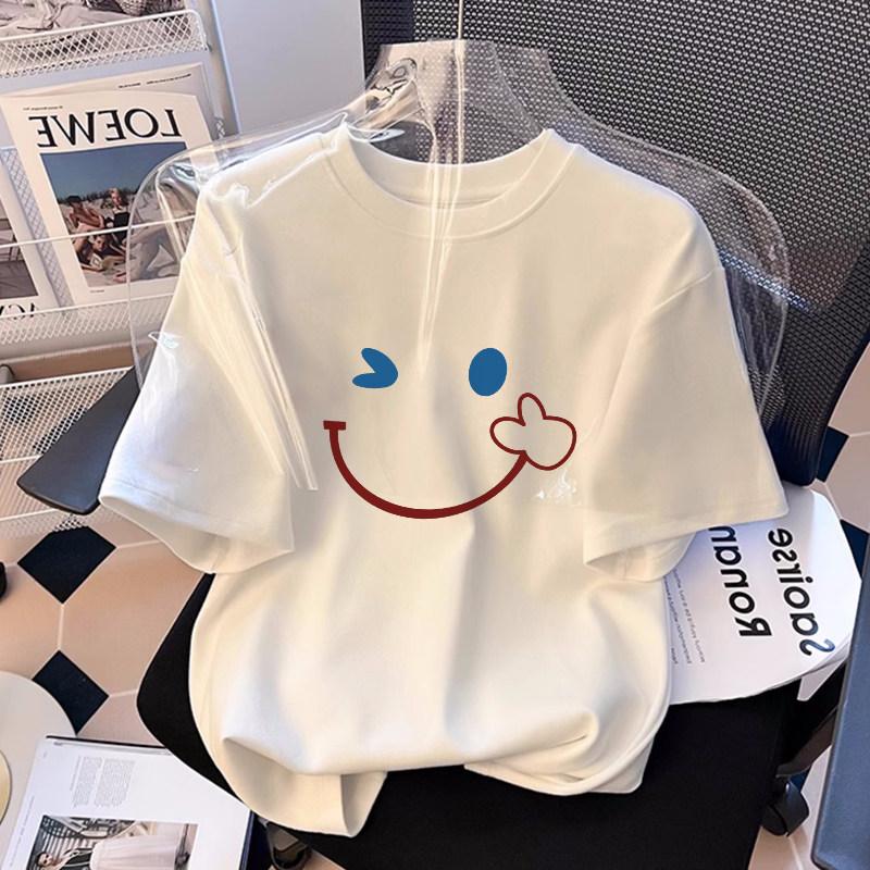Cute Rabbit Smiling Face Printed White Pure Cotton Children's T-shirt New Popular Summer Loose Top Parent-child T-shirt