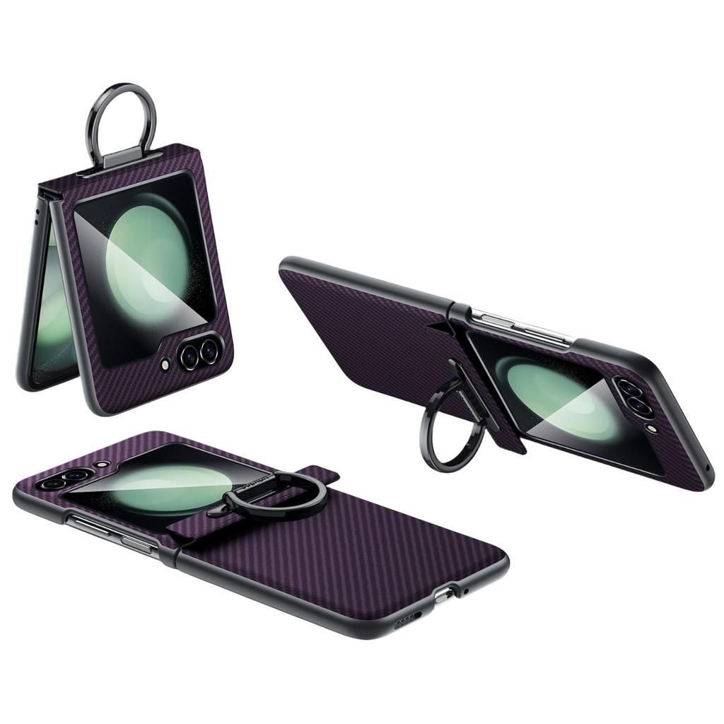SULADA For Samsung Galaxy Z Flip5 5G Case with Ring Kickstand Magnetic Closure Leather PC Phone Cover Carbon Fiber Texture