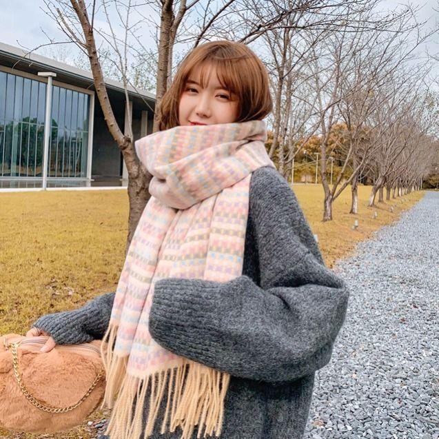 Korean Style Plaid Scarf for Women Winter Student Versatile Shawl Thickened Neck Warmer Cute Girlish Neck Gaiter