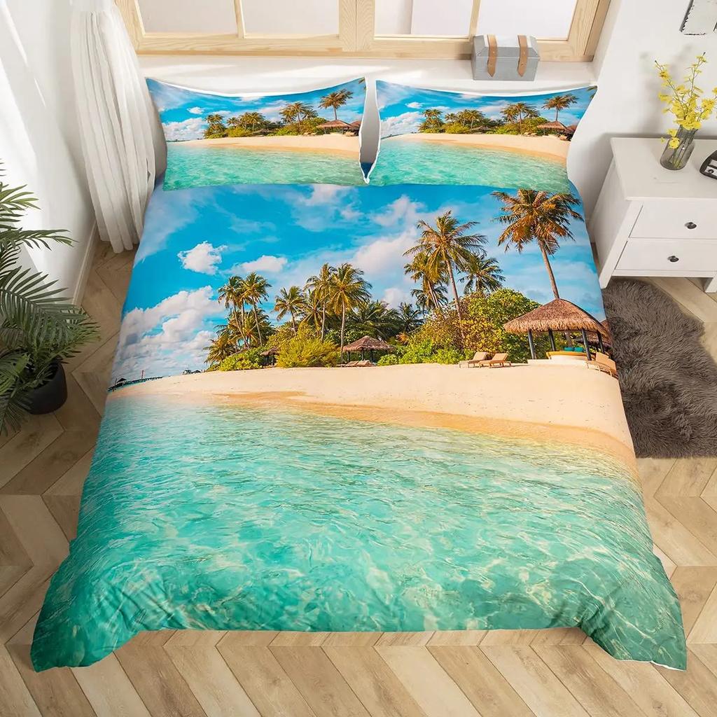 Hawaii Vacation Beach Duvet Cover Cartoon Surfing Quilt Cover Microfiber Tropical Palm Tree Starfish Ocean Landscape Bedding Set