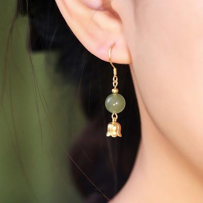 Tassel Small Flower Ear Hook Retro Court Style Earrings Exquisite Temperament Hetian Jade Lily Of The Valley Earrings Long