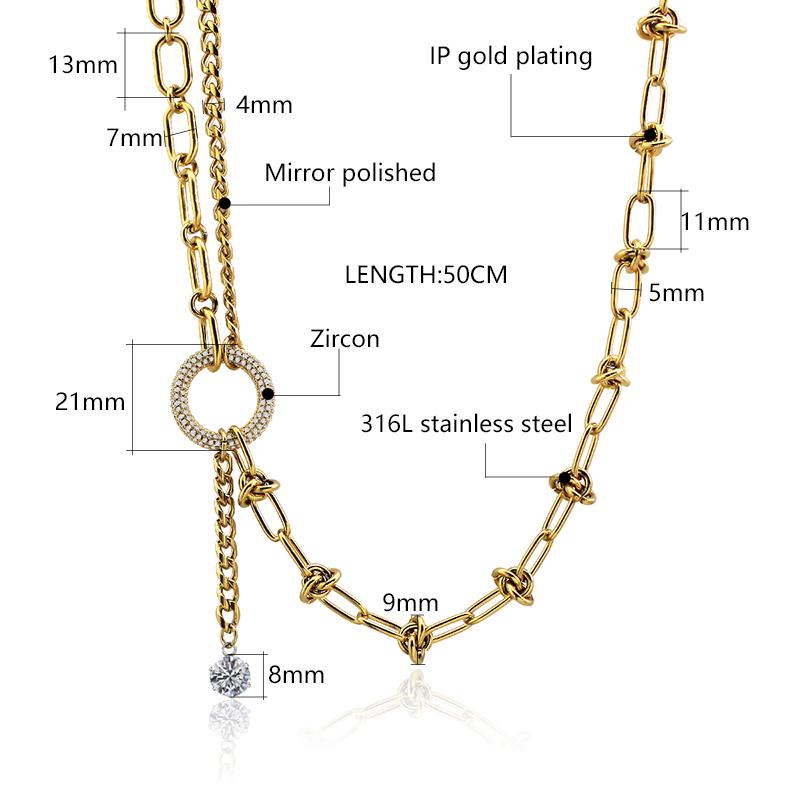 Fashion Gold Silver Match Plated Asymmetric Necklace for Women Stackable Stainless Steel Necklace with Zirconia