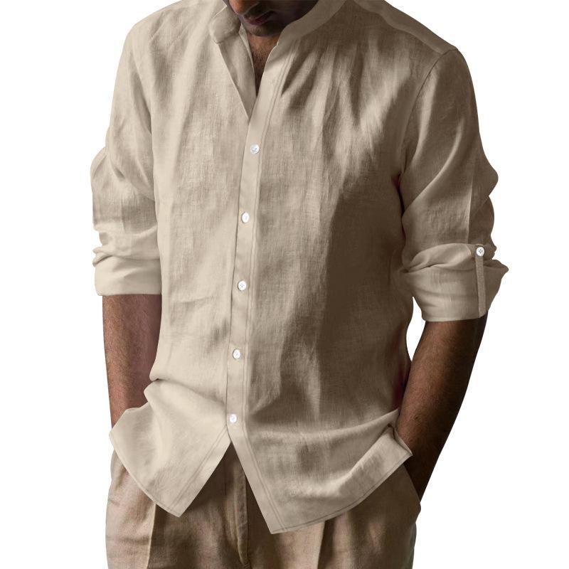 Men's Hawaiian cotton and linen stand-up collar breathable Henry collar casual long-sleeved shirt