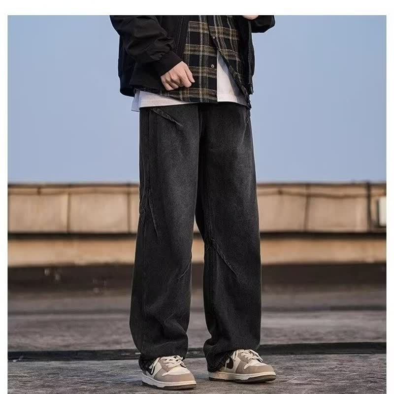 American retro jeans men's high street loose wide-leg pants trendy brand ruffian handsome elastic waist straight tube casual versatile