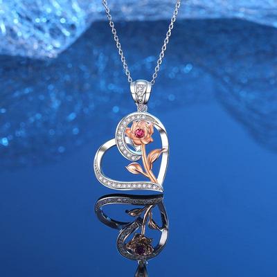 S925 Sterling Silver Heart Rose Pendant Necklace - Love You Forever Valentine's Day Gift