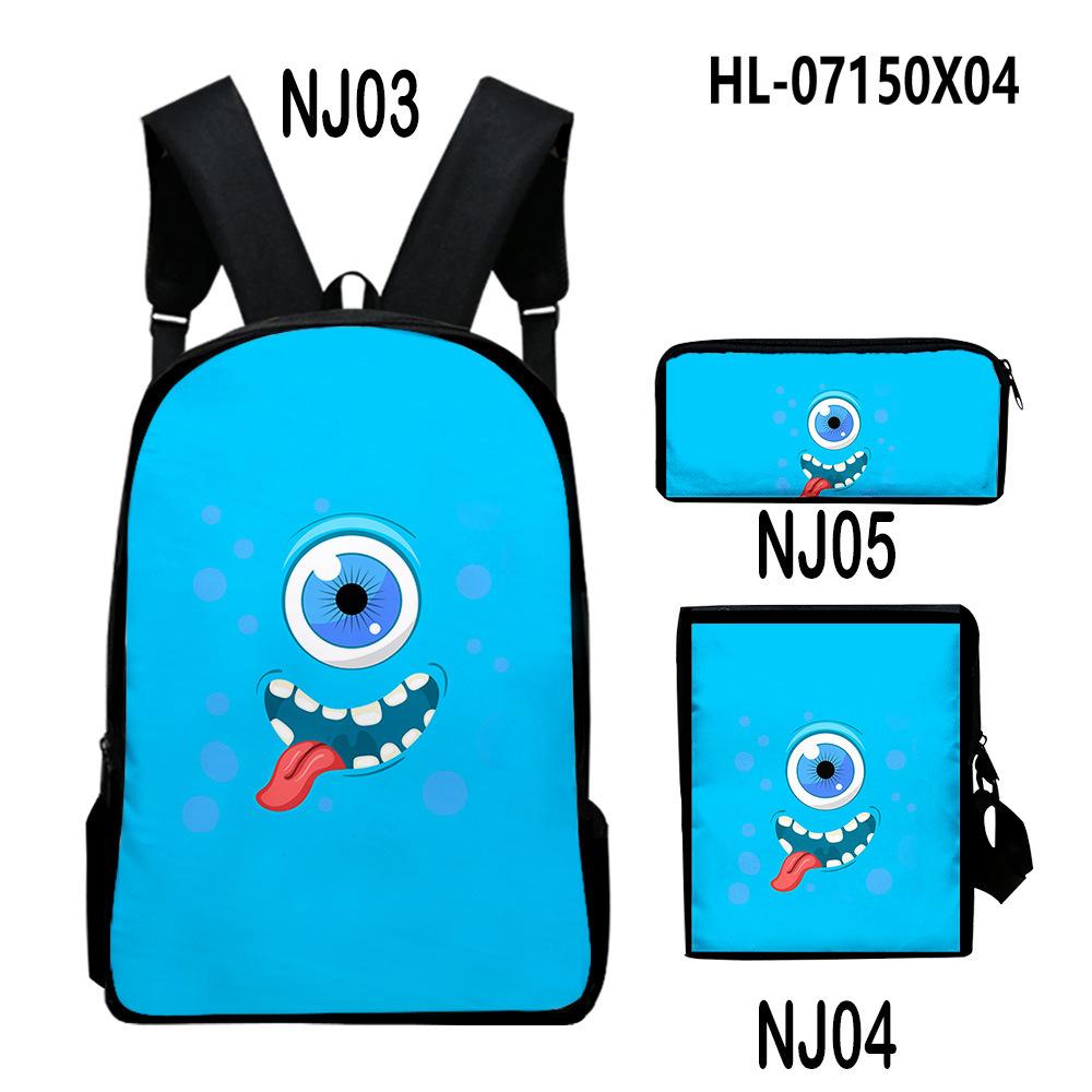 Novelty Classic Monster Face 3D Print 3pcs/Set pupil School Bags Laptop Daypack Backpack Inclined shoulder bag Pencil Case