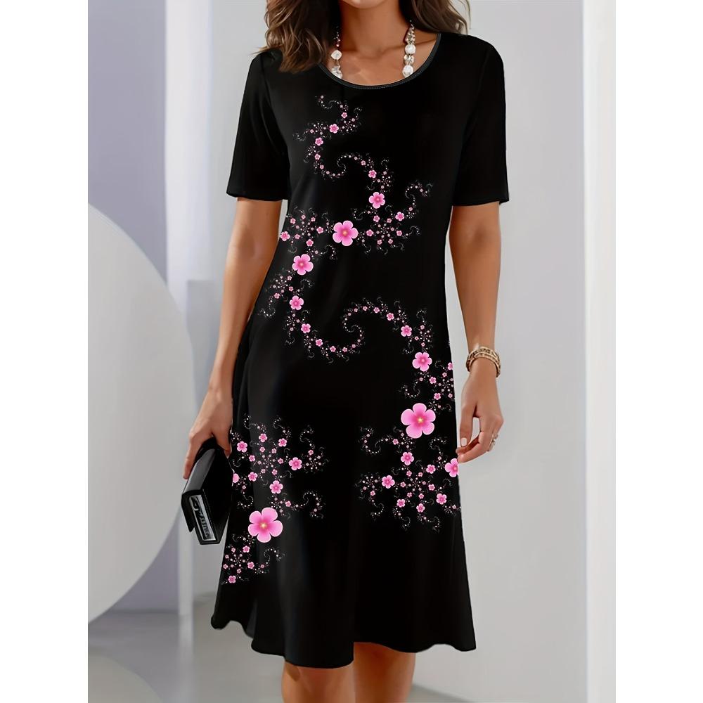 

Women s Elegant Casual Floral Print Dress Black with Pink Flowers Dresses Woman Summer Women s Short -Sleeved Y2k Ladies Clothes S