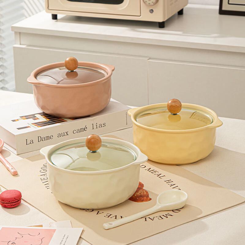 Creamy Style Double-Handle Ceramic Noodle Bowl with Lid