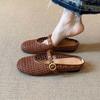 3.5Cm Versatile Round Head Woven Hollow Shallow Mouth Word with Metal Buckle French Outer Wear Low Heel Bag Head Cool Slippers