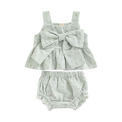 Ensemble 2 Pièces Tenues Bébé Fille Motif Carreaux Imprimé Floral Nœud Bretelles Hauts Shorts