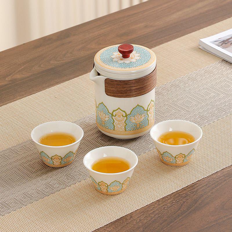 Portable Ceramic Gaiwan Tea Set - Customizable Chinese Style for Outdoor Camping, Business Souvenir with Logo.