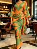 Rochie Maxi Portocalie Verde cu Imprimeu Paisley pentru Femei Mânecă Kimono Decolteu în V Talie Înfășurată Ruptă Bodycon Rochie Elegantă
