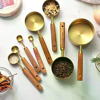 Gold Holzgriff Edelstahl Messbecher Löffel Backen Werkzeuge Kaffee Messlöffel Set Bartending Skala Zubehör
