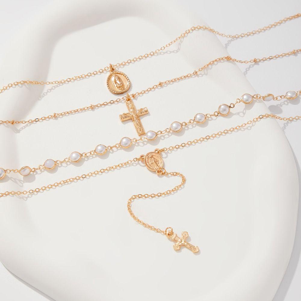 Cross Cross Pendant Necklace Multilayer Clavicle Chain Simple Imitation Pearl Necklace  Gift