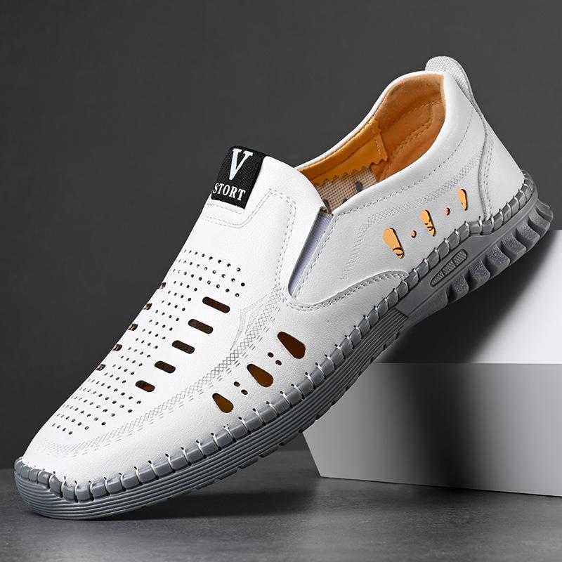 2025 summer men's foot casual men's shoes soft sole soft surface men's casual hollow hole shoes white shoes breathable