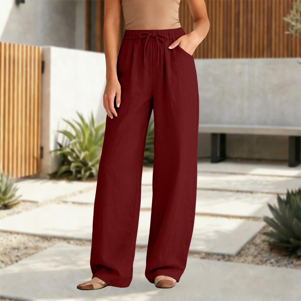 Women's Casual Relaxed Fit High-Waisted Belted Pocket Cotton-Linen Blend Trousers