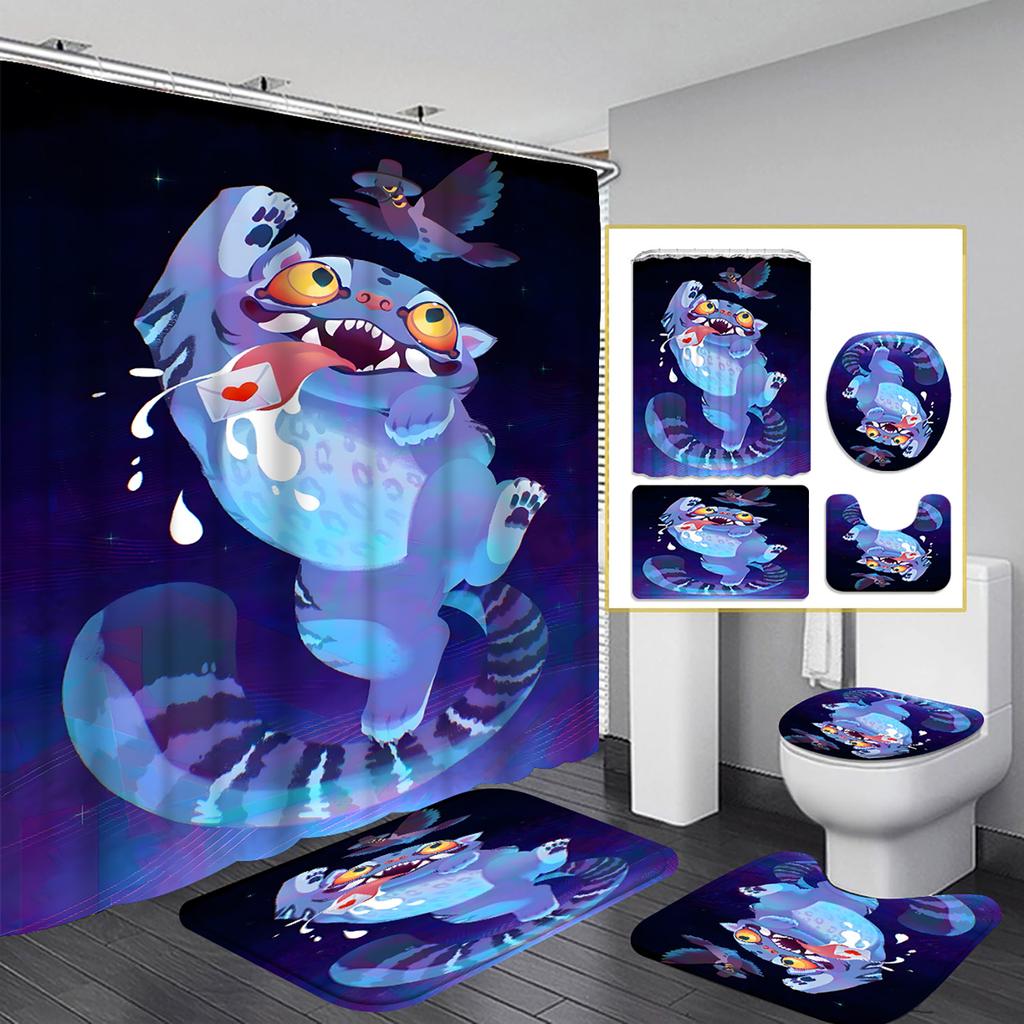 Character Print Bathroom Mat And Shower Curtain 4-Piece Set