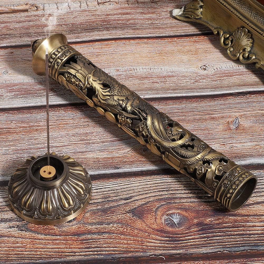 GOTOTOP Incense Stick, Portable Incense Tower Holder Bronze Tone Dragon Phoenix Relief Craft Ornaments Tea Room Decoration Vertical Stick Incense