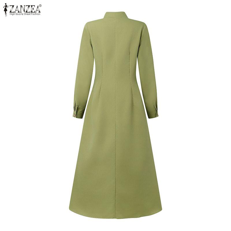 ZANZEA Women Elegant Casual Stand Collar Long Sleeve Plain Dress