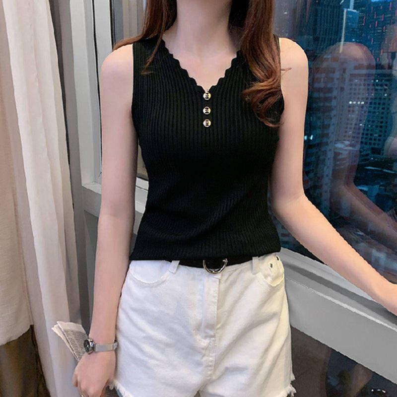 Women's Ice Silk V-Neck Knitted Camisole: Korean Style Sleeveless Outer & Inner Wear for Summer