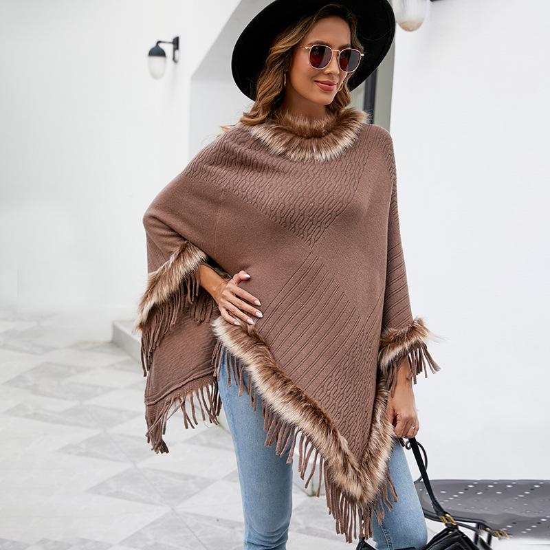 Mao Mao Yu Women's Solid Color Tassel Cape: 2026 Autumn/Winter European & American Loose Knit Pullover Shawl
