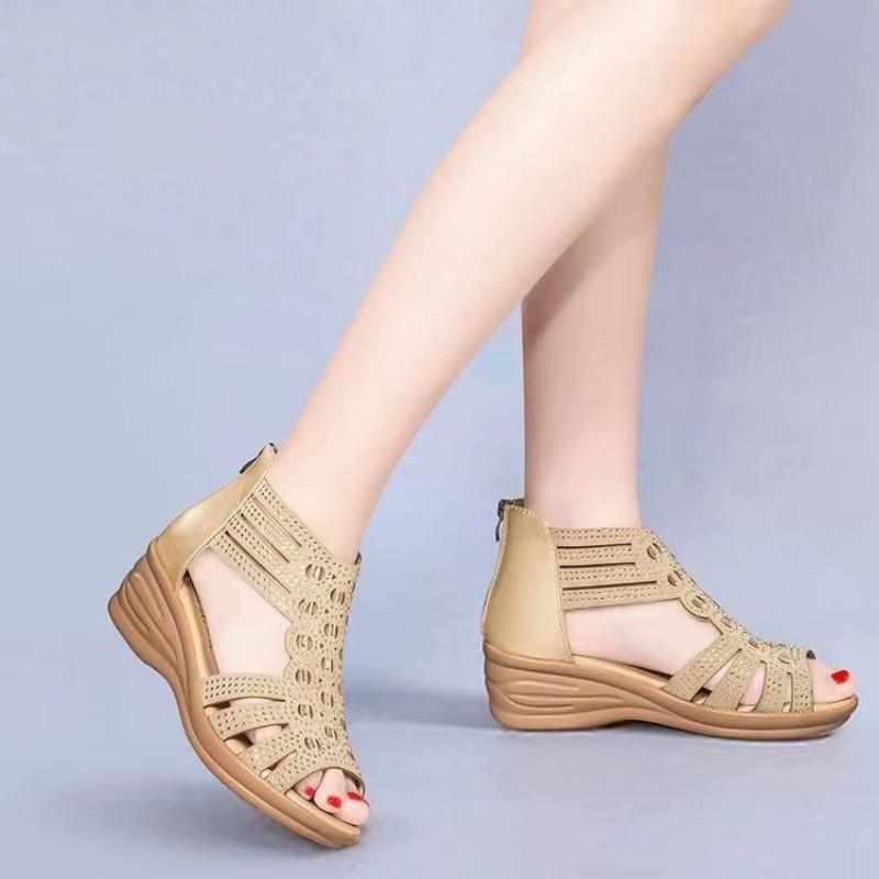 New Style of Wedge Heel Shoes for Moms Water Diamond Fish Mouth Mid-heel Women's Soft-soled Cool Boots
