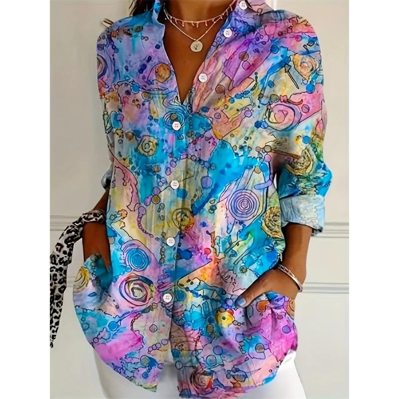 Autumn Women's Casual Long Sleeve Shirt Beautiful Flower Print Travel Lapel T Shirt Elegant Single Breasted Tops Long Shirt
