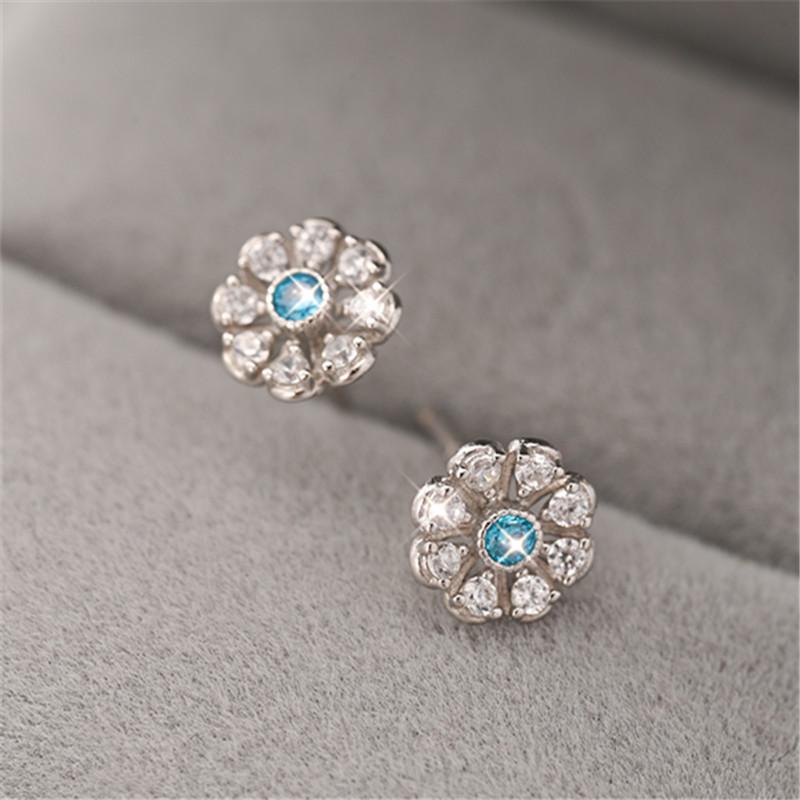 100% 925 Sterling Silver Blue Sparkling Zircon Flower Stud Earrings for Women Sterling Silver Jewelry Gift