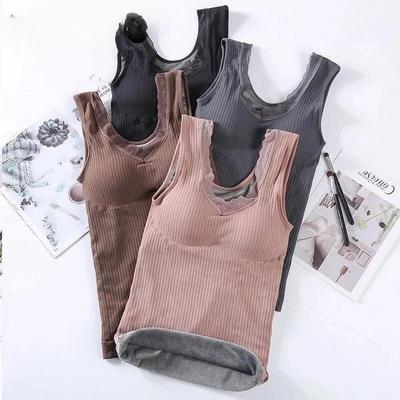 Sexy Winter Clothing Thermal Vest with Pad Women Velvet Warm Thermal Underwear Sleeveless Slim Seamless V Neck Lace Undershirt