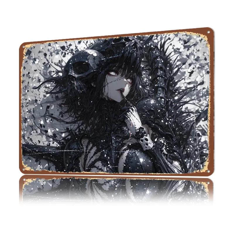 Dark Anime Girl With Skull Adornments D Texture Printed Poster Custom Vintage Metal Tin Plate Sign for Wall Art Decor Luxury