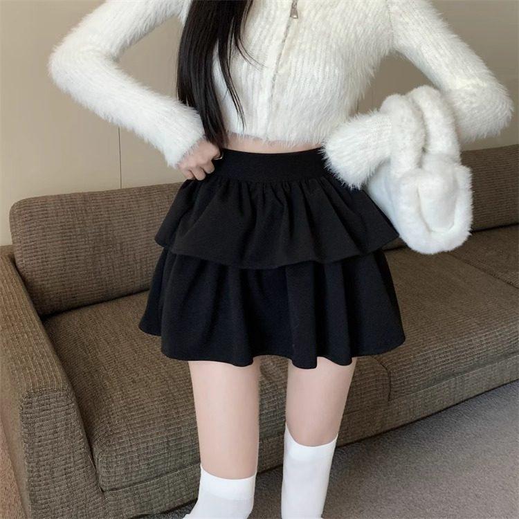 Women's High-Waisted White Wool Plaid Ruffle Skirt - A-Line, Fluffy Autumn Style, Anti-Exposure.