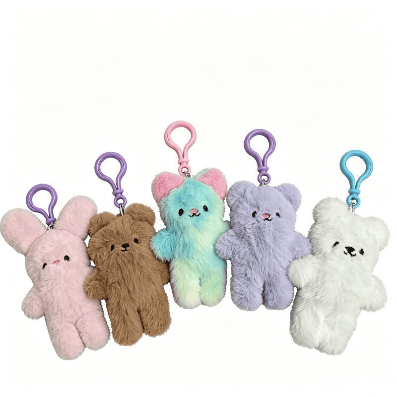 Cute Fluffy Bear Bunny Plush Keychain Soft Cartoon Animal Doll Pendant for Backpack Handbag Decor Kids Birthday Gift
