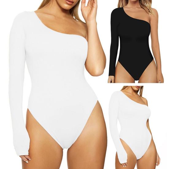 Women Jumpsuit Solid Color Extra Soft High Waist One-shoulder Design Washable Dress-up Polyester Summer Sexy One-Piece Women Bodysuit for Women