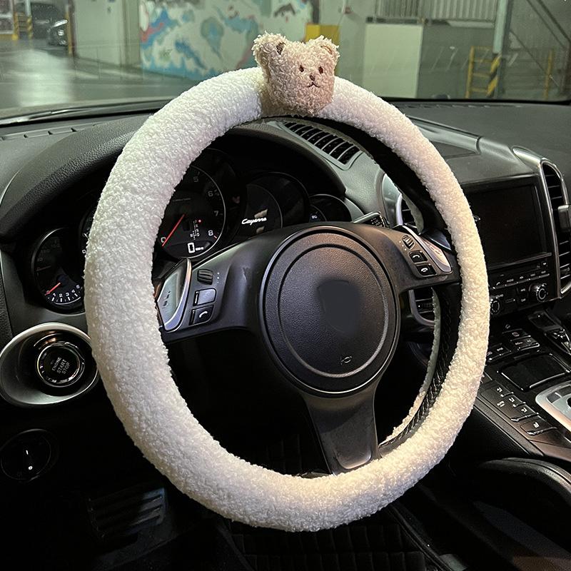 Cute Cartoon Bear Universal Car Steering Wheel Cover Winter Warm Faux lamb Plush Car Wheel Protector Decoration Women Girls