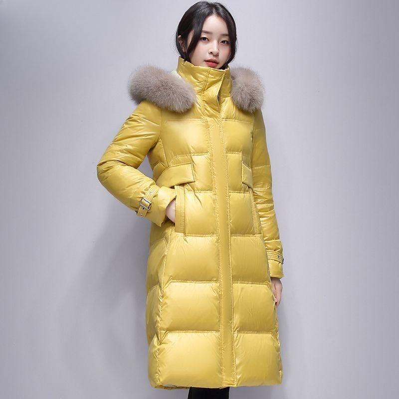 Snow Winter Girls Down Jacket Hooded Big Fur Collar Medium and Long Jacket Fashion Glossy Duck Down Top