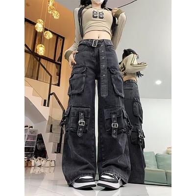 Sieviešu Y2k Amerikāņu Retro Daudzkabatu Kravas Džinsi Amerikāņu Vintage Gyaru 2000. gadu Estētika Grunge Džinsi Taisnas Džinsa Bikses