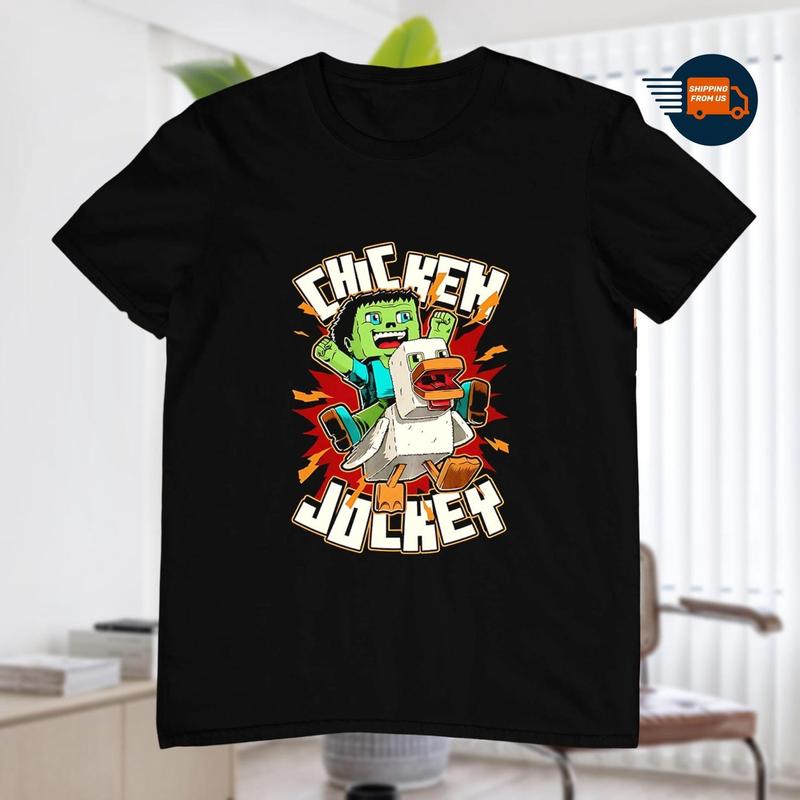 Chicken Jockey Unisex T-Shirt, Gift for Game Lover Chicken, Minecraft Quirky Cotton Graphic Unisex T-Shirt M