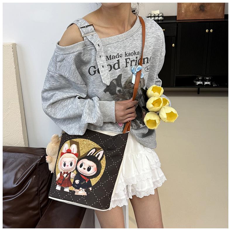 Korean Cartoon Labubu Crossbody Canvas Women's Bag Large Capacity Student Commuting To Class Embroidered Shoulder Bag Bucket Bag