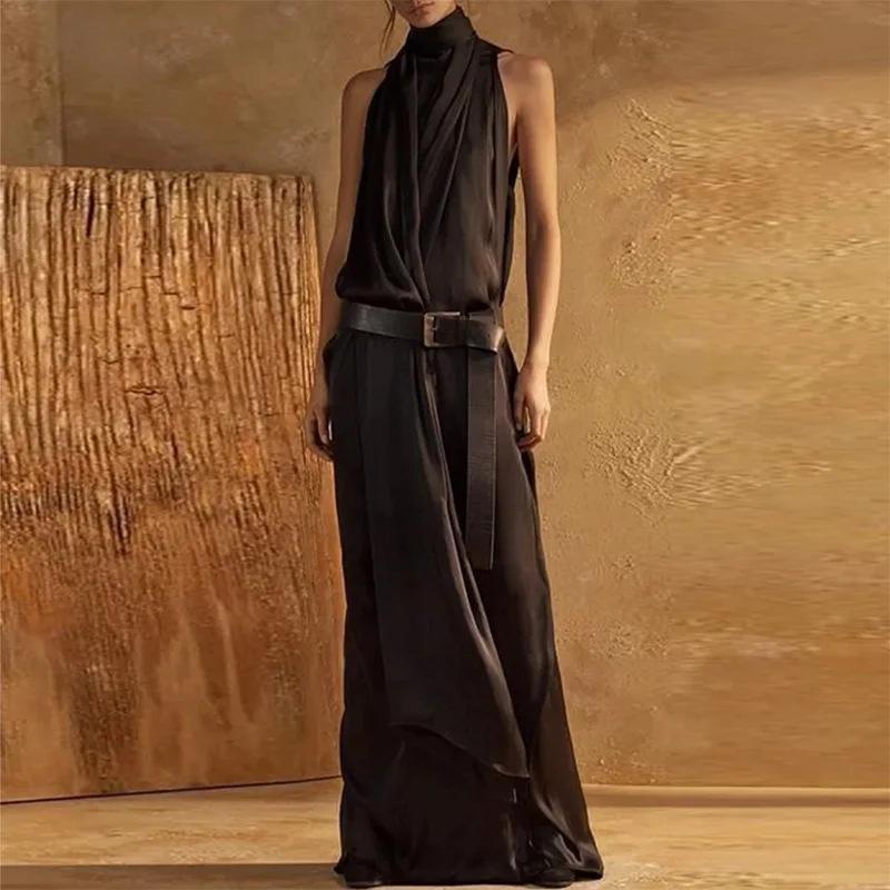 

Women s Dark Blue High Neck Sleeveless Long Dress with Belt 3XL темно-коричневого кольору