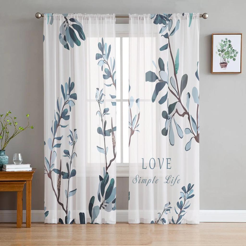 Flowers Blue Green Pattern Modern Printed Tulle Curtains for Bedroom Balcony Window Decor Creative Fashion Home Sheer Curtain