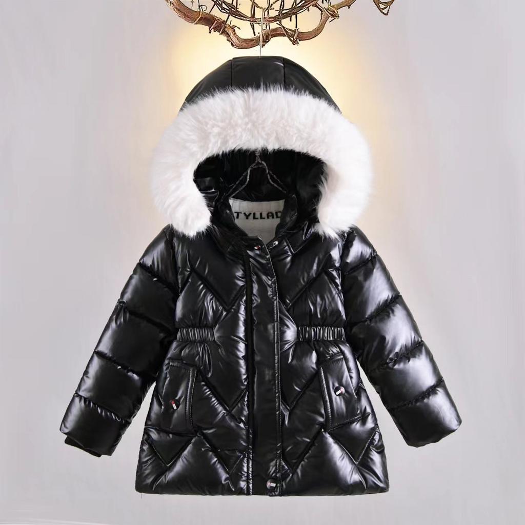 Chaqueta de Invierno Primavera para Niños y Niñas Color Sólido Forro Felpa Grueso Cálido Brillante Impermeable Parka con Capucha Para Niñas de 4 a 10 Años