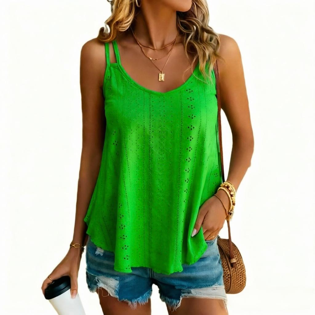 Dames Ronde Hals Mouwloze Tanktop Losse Pasvorm Broderie Jacquard Spaghettibandje Camisole Zomer Laagjes Basic Top