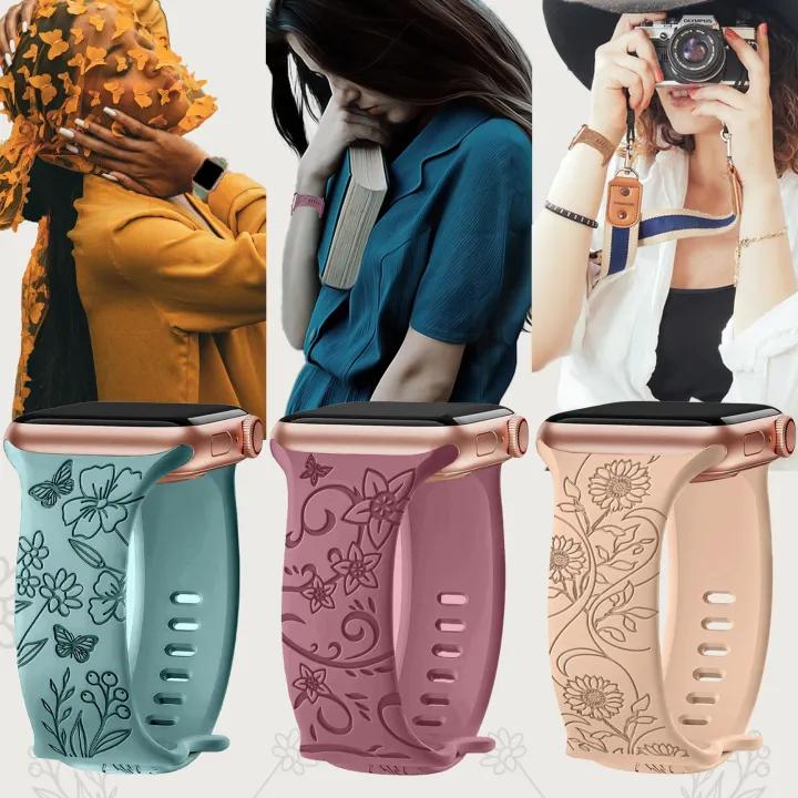 Strap For Apple Watch Band 44mm 40mm 41mm 42 45mm 49mm 46mm Floral Engraved bracelet correa iwatch series 10 9 SE 8 Ultra 2 3 11