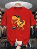 Unisex Red Tee Rock Guitar Sunglasses Dinosaur Cartoon Graphic Print Crew Neck Short Sleeve Summer Casual Male Cotton Street Top