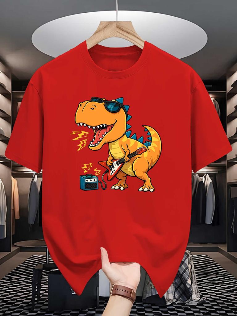 Unisex Red Tee Rock Guitar Sunglasses Dinosaur Cartoon Graphic Print Crew Neck Short Sleeve Summer Casual Male Cotton Street Top