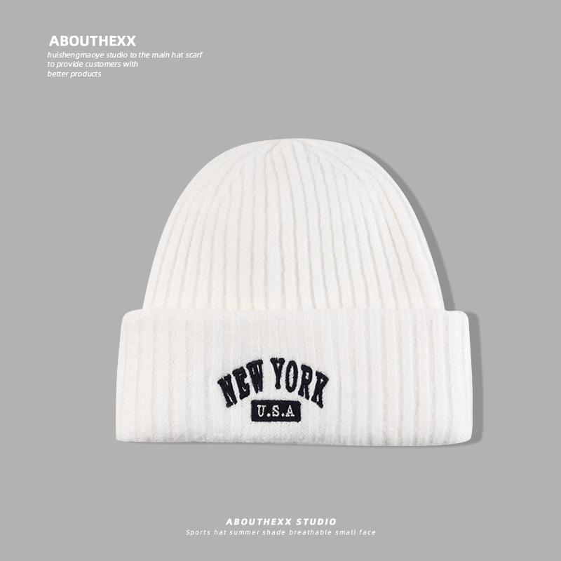 American Retro Letter Embroidery Hat for Women Autumn and Winter Warm Knitted Hat  Face Showing Small Woolen Hat  Men's Pullover Cold Hat Trendy