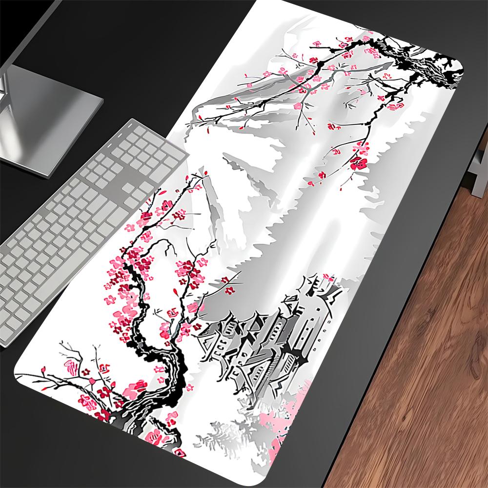 Extended Deskmat Large Black and White Cherry Blossom Game Mouse Pad Lock Edge Keyboard Mat Sakura Nonslip Rubber Mousepad