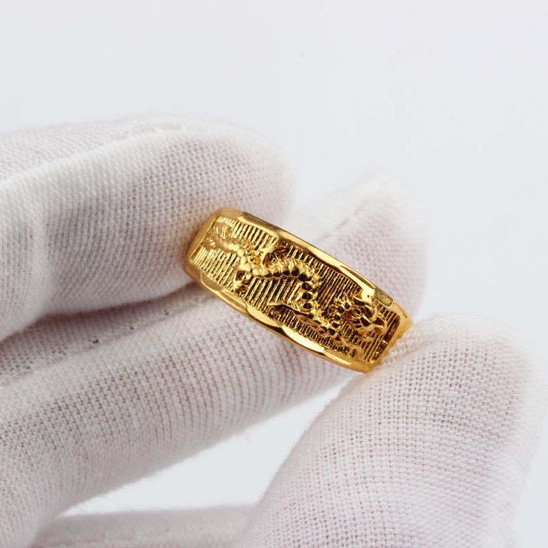 Adjustable Open Couple Rings Gold Carved Dragon Phoenix Pattern Fashion Jewelry for Wedding Gift