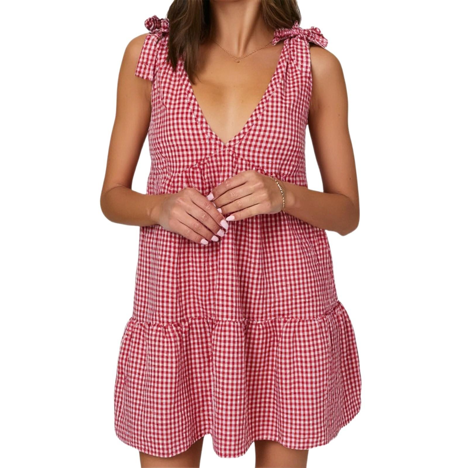 

Женское летнее клетчатое струящееся платье без рукавов на бретелях для пляжного отдыха L красный