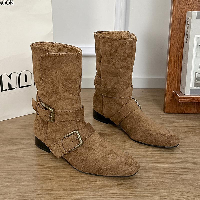 Retro thick heel belt buckle pointed short boots autumn and winter 2025 new temperament short boots western boots knight boots women